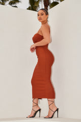 THE SMOKE SHOW BOWKNOT CUT OUT BANDAGE MIDI DRESS - COGNAC