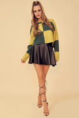 GRASS IS GREENER COLOR BLOCK CROPPED SWEATER - HUNTER GREEN/ALGAE