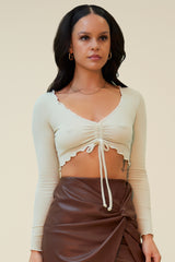 FLAMING HOT RUCHED RIBBED CROP TOP - STONE