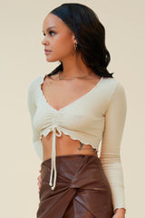 FLAMING HOT RUCHED RIBBED CROP TOP - STONE