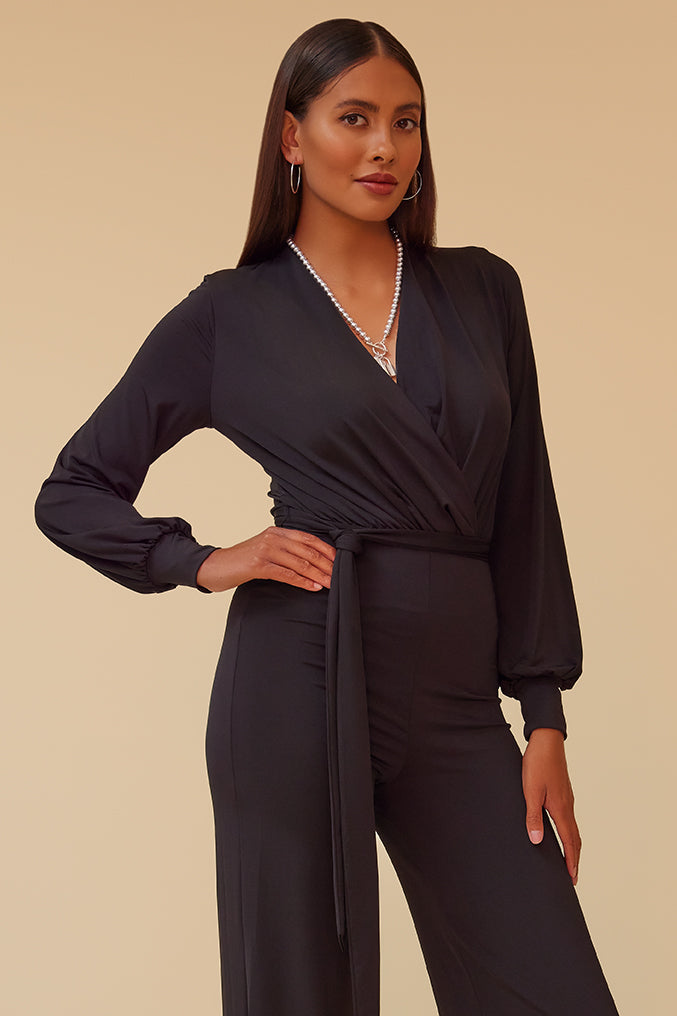DYNASTY LONG SLEEVE SURPLICE JUMPSUIT WITH MATCHING BELT - BLACK