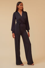 DYNASTY LONG SLEEVE SURPLICE JUMPSUIT WITH MATCHING BELT - BLACK