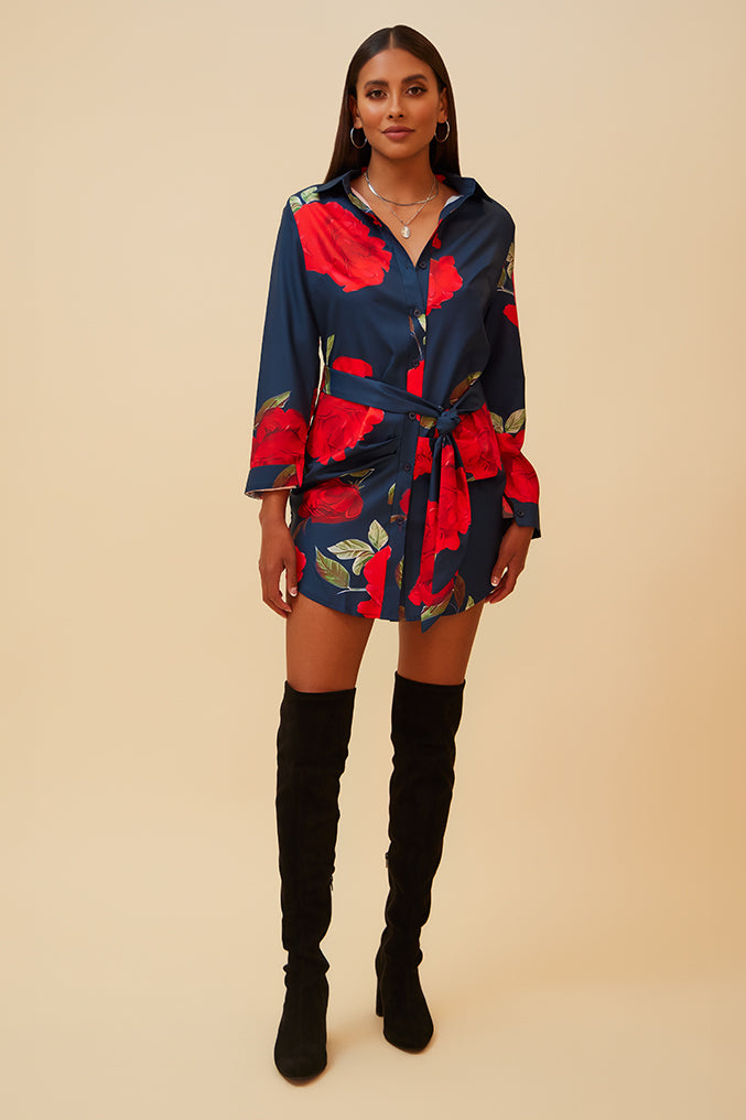 THE FLORAL LOVER MINI DRESS WITH MATCHING BELT - NAVY/ROSE
