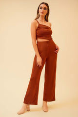 THE FOCAL POINT ONE-SHOULDER RUCHED HIGH WAISTED JUMPSUIT - BRICK