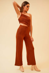 THE FOCAL POINT ONE-SHOULDER RUCHED HIGH WAISTED JUMPSUIT - BRICK
