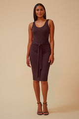 THE FREESTYLER TIE FRONT MIDI DRESS WITH MATCHING CARDIGAN - BROWN
