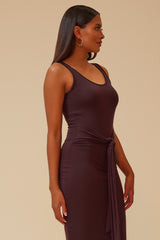 THE FREESTYLER TIE FRONT MIDI DRESS WITH MATCHING CARDIGAN - BROWN