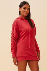 ON THE GO PULLOVER RUCHED HOODIE - RUST
