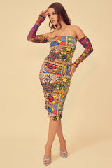 DAYDREAMS RUCHED DRESS WITH DETACHABLE SLEEVES - MULTICOLOR