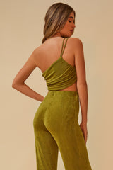 THE FOCAL POINT ONE-SHOULDER RUCHED HIGH WAISTED JUMPSUIT - BASIL