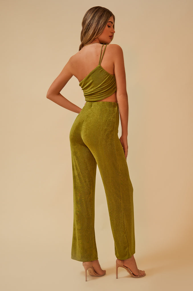 THE FOCAL POINT ONE-SHOULDER RUCHED HIGH WAISTED JUMPSUIT - BASIL