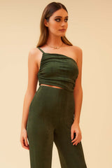 THE FOCAL POINT ONE-SHOULDER RUCHED HIGH WAISTED JUMPSUIT - HUNTER GREEN
