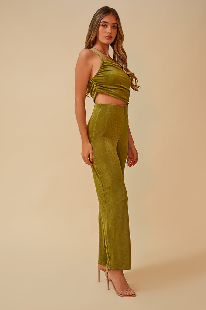 THE FOCAL POINT ONE-SHOULDER RUCHED HIGH WAISTED JUMPSUIT - BASIL