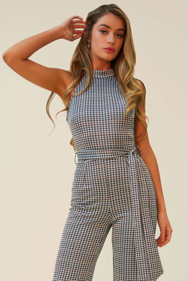 GETTING YOUR ATTENTION PLAID JUMPSUIT WITH MATCHING BELT - GREY/MULTI