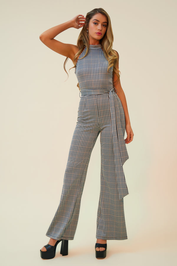 GETTING YOUR ATTENTION PLAID JUMPSUIT WITH MATCHING BELT - GREY/MULTI