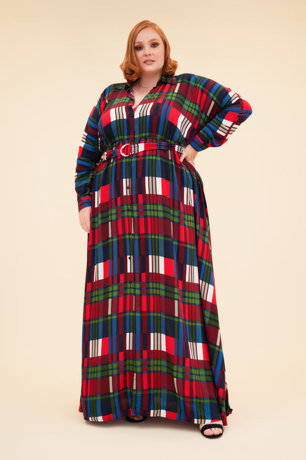 SAY YOU LOVE ME MAXI DRESS WITH BELT AND POCKETS - PLAID