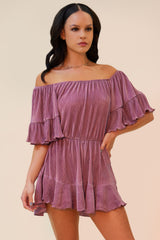 WALK THIS WAY PLEATED OFF THE SHOULDER ROMPER - LIGHT PURPLE
