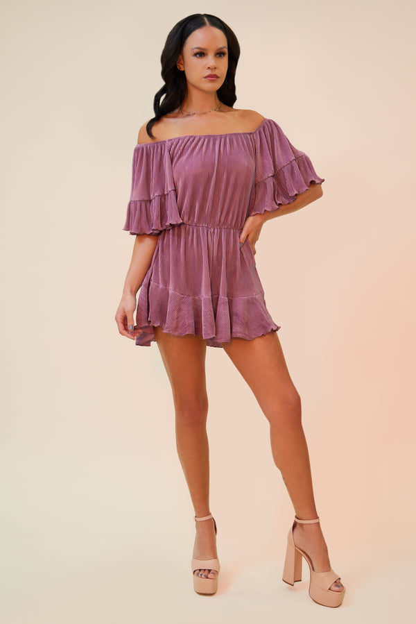 WALK THIS WAY PLEATED OFF THE SHOULDER ROMPER - LIGHT PURPLE