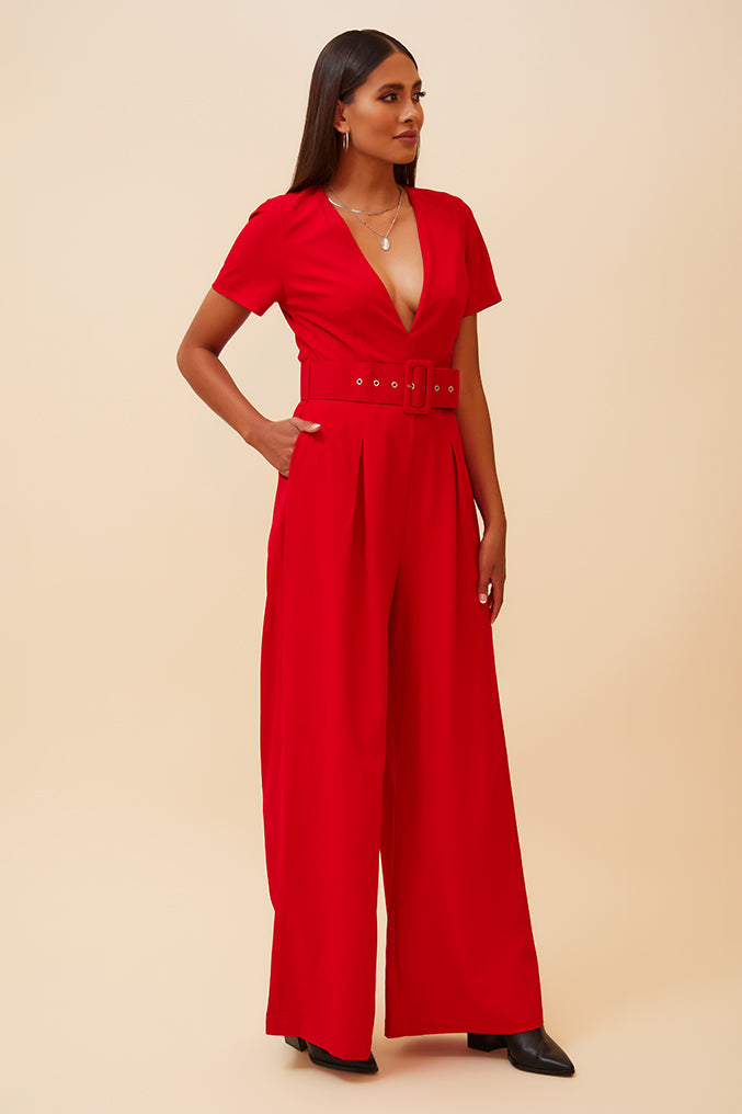 ONE RIGHT NOW MATCHING BELT JUMPSUIT - RED