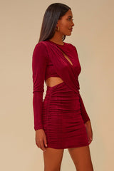 THE TALKER ROUND NECK SIDE CUTOUT RUCHED MIDI DRESS - BURGUNDY